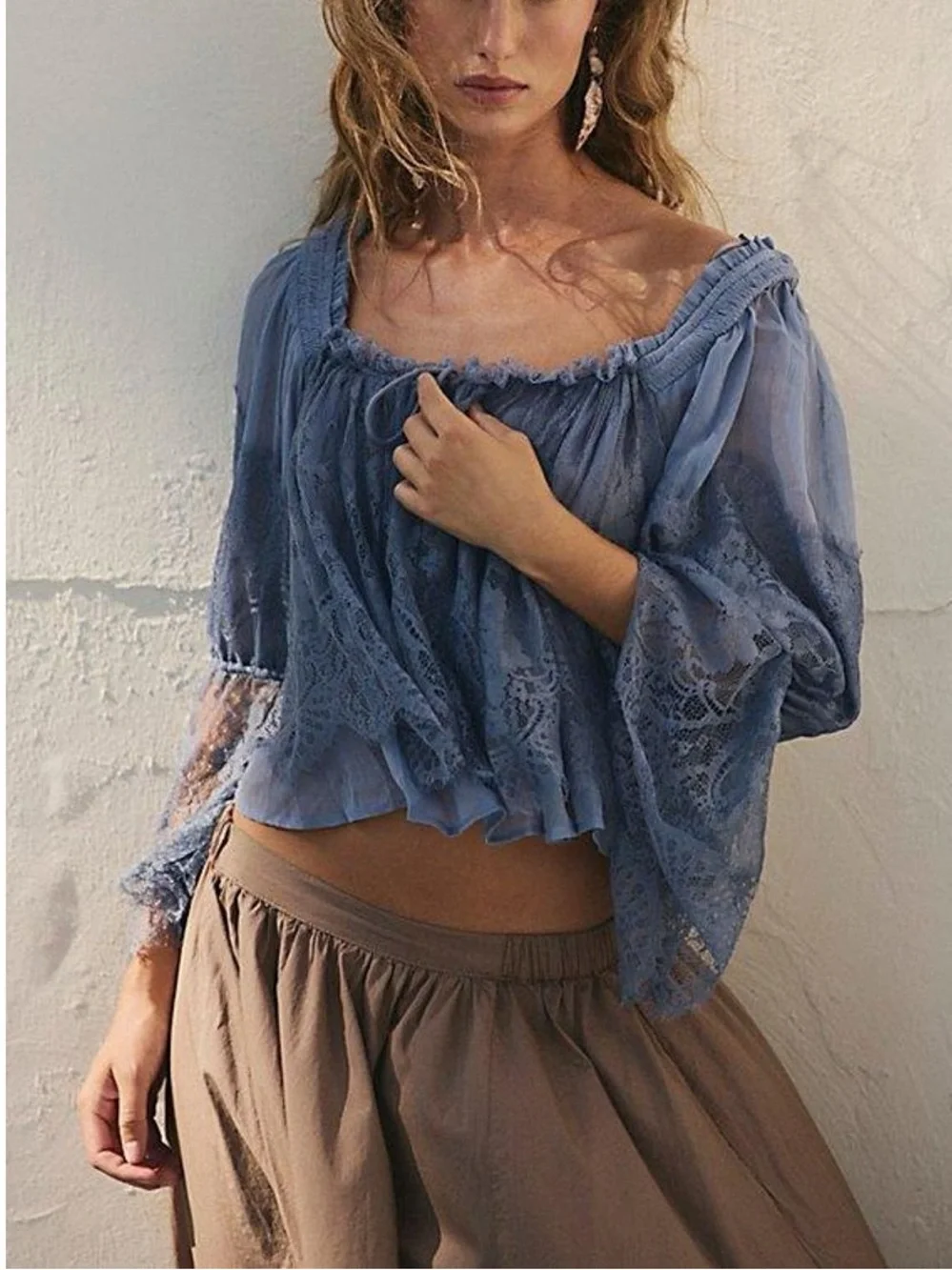 Free People Fairy Girl Lace Blouse Ethereal Blue Boho Romantic Bell Sleeve S